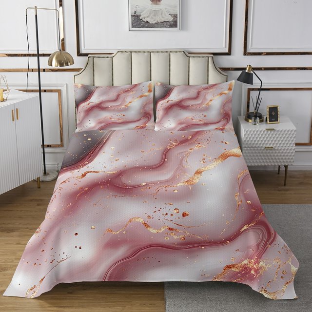 Pink Watercolour Marble Bedspread Set King Size Abstract Art Coverlet Set For Teens Girls Adults Colorful Retro Artwork Style Quilt Set Stone Pattern Bedding Set