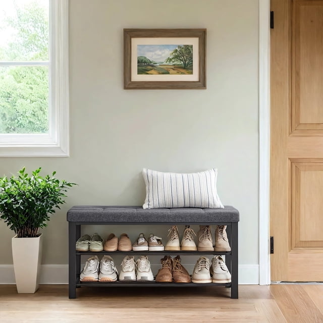 LEDREM Shoe Bench with Cushion, 2-Tier Entryway Shoe Rack Organizer, Holds 10 Pairs, Dark Grey and Ink Black