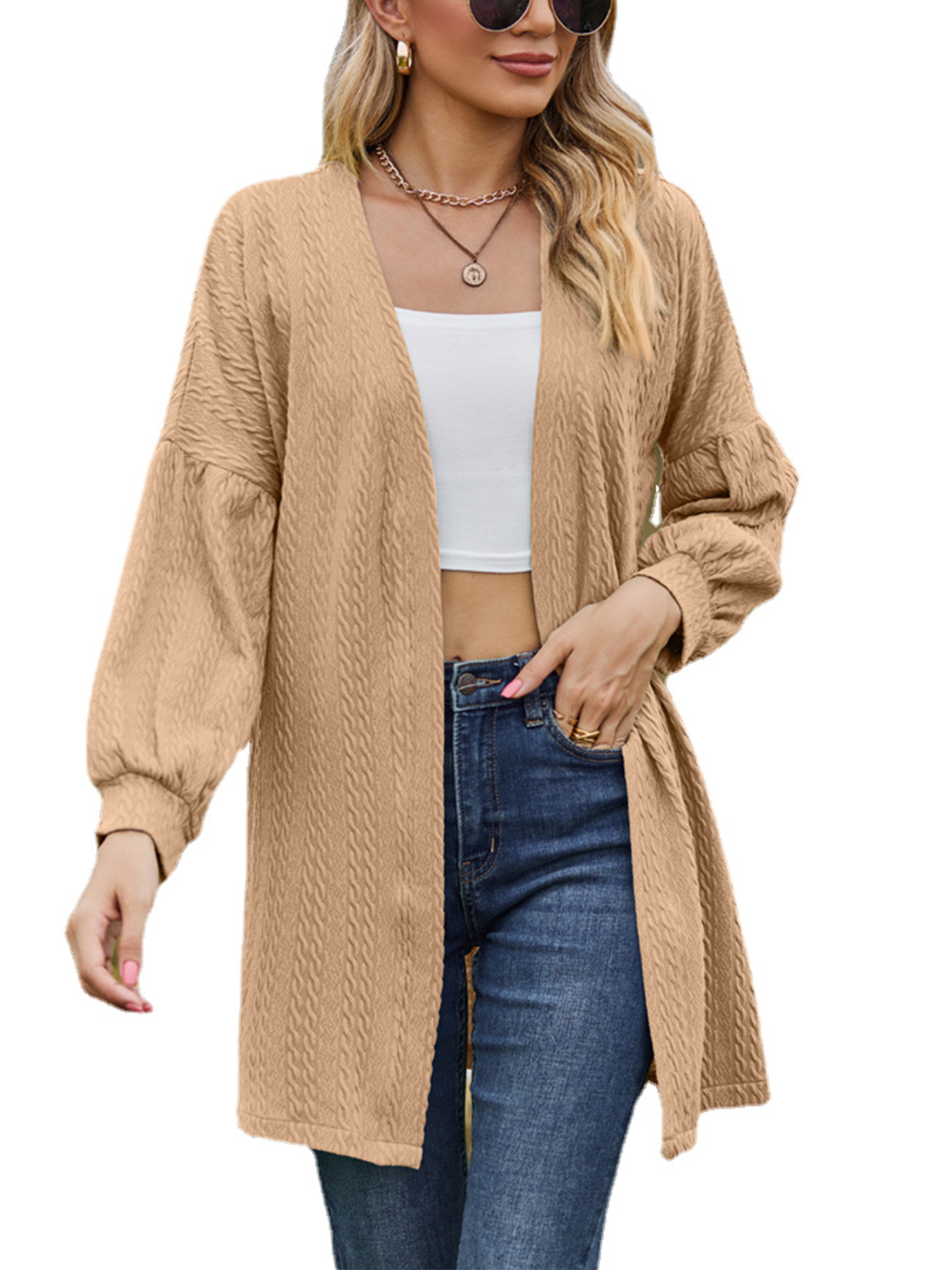 Avamo Ladies Cardigan Open Front Outwear Solid Color Knit Cardigans Lightweight Tunic Tops Work Light Khaki XL