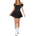 thumbnail image 2 of SUNSIOM Women Summer Short Dress, Solid Color Ruched Bust Boat Neck Off Shoulder Puff Sleeve A-Line One Piece for Ladies, 2 of 9