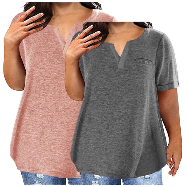 Timegard Haut 2 Pcs Grande Taille pour Femmes Été Manches Courtes Col en V Blouse Confortable Décontractée Mi-Longue