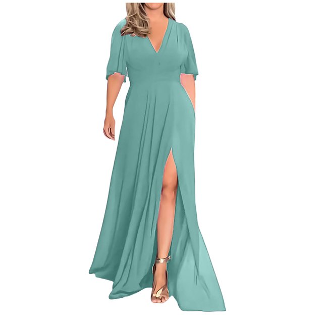 Fshaion Robe d'Été pour Femmes 2024 Grande Taille Manches Mi-Longues Fendue Col en V Tempérament Longues Robes en Chiffon Liquidation à Moins de 10!