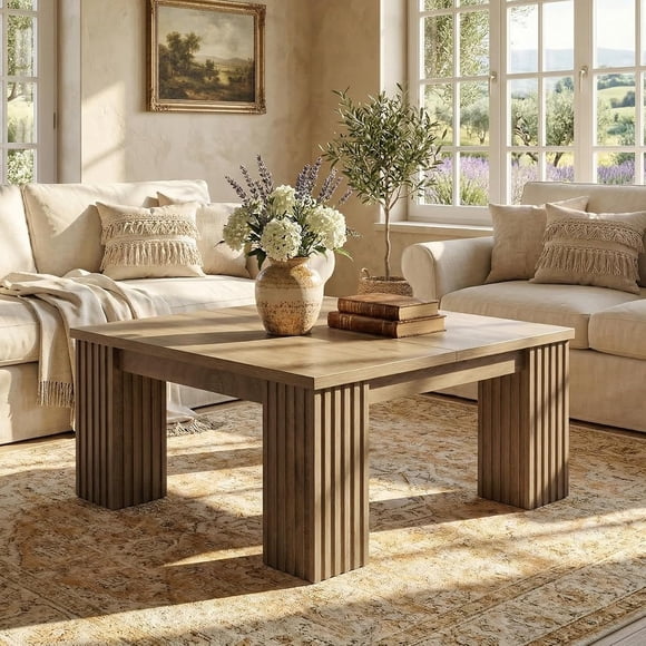Tribesigns 39-Inch Square Coffee Table, Farmhouse Wooden Center Table with Fluted Legs for Living Room (Light Brown)