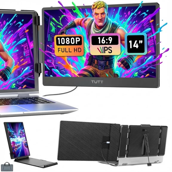 TUTT 14” Single Portable Monitor, Dual Screen Extender, Built-in Stand and Speakers, All Devices, S1