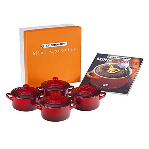 Le Creuset Stoneware Set of 4 Mini Cocottes with Cookbook, 8 oz. each, Cerise