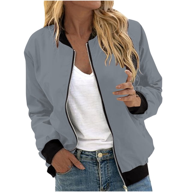 Womens Fashion Jacket Casual Stand Collar Zip Up Lightweight Coat Fall Color Block Jackets with Pockets Gray S