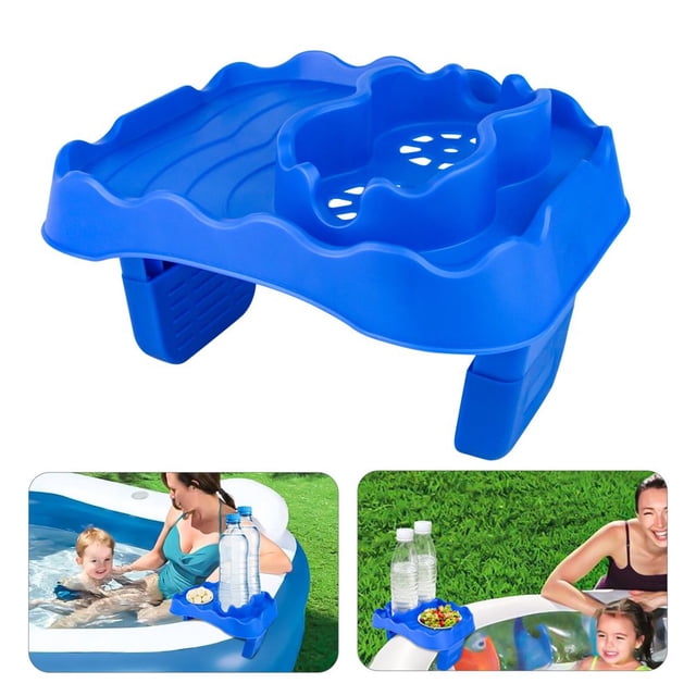 Porte-gobelet Gonflable Réglable et Antidérapant pour Piscine et Plateau de Spa en Bleu Vif. le Plateau Présente Plusieurs Compartiments pour Tenir des Boissons, des Collations et de Petits Articles, avec un Bord Ondulé pour une Stabilité Accrue. l'Image Montre Aussi le Plateau en Utilisation, Fixé au Côté d'Une Piscine et d'Un Spa, Tenant des Bouteilles d'Eau et des Collations. Idéal pour une Détente Ultime Lors des Séances à la Piscine Ou dans le Spa.