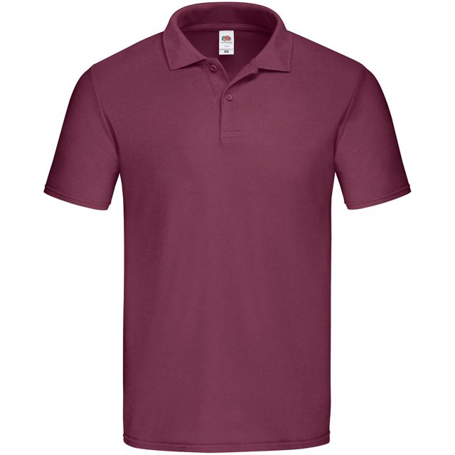 Fruit Of The Loom Mens Original Polo Shirt in a plain maroon color, made from 100% cotton with a 185gsm fabric weight. Features a classic fit, short sleeves, a collared neckline, and a two-button placket with dye-to-match buttons. Includes side seams and a tearaway label. Certified to Oeko-Tex Standard 100 and WRAP standards.