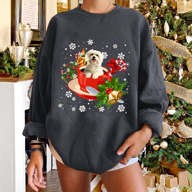 Hauts pour Femmes Hiver Noël Chien Impression Classique Pull Ample Sweat-Shirt