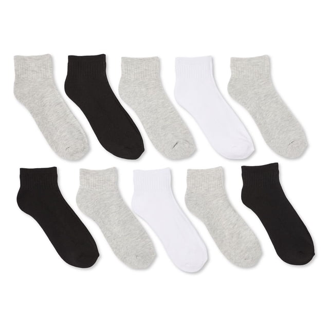 George Boys' Ankle Socks 10-Pack includes 10 assorted pairs in black, white, and light grey with ribbed legs for a secure fit and ankle length that slightly peeks out of sneakers, made from soft fabric ideal for casual and sporty wear.