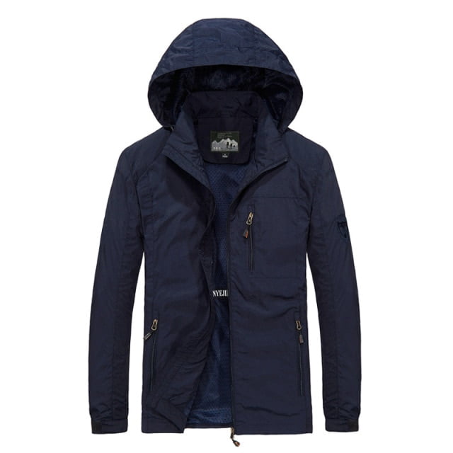 REDHOTYPE Men Sportswear Hooded Softshell Outdoor Raincoat Waterproof Jacket in dark navy. Designed with a front zipper closure, adjustable hood, and multiple zippered pockets. Made from 100% polyester and nylon with Omni-Tech waterproof and breathable fabric. Ideal for outdoor activities such as skiing, hiking, mountaineering, and camping. A versatile men's raincoat with softshell construction for comfort and durability.