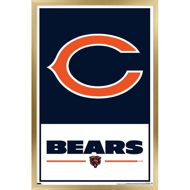 NFL Chicago Bears - Logo 21 Wall Poster, 22.375" x 34" framed with a centered orange 'C' logo outlined in white on navy blue above bold navy 'BEARS' text and an orange bear head emblem on a white panel, enclosed in a light wood frame, ideal for sports-themed home or office decor.