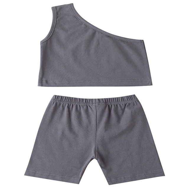 2PCS Infant Kids Baby Girls Solid Color Cotton One Shoulder Tops Shorts Set Apricot 6-12 Months