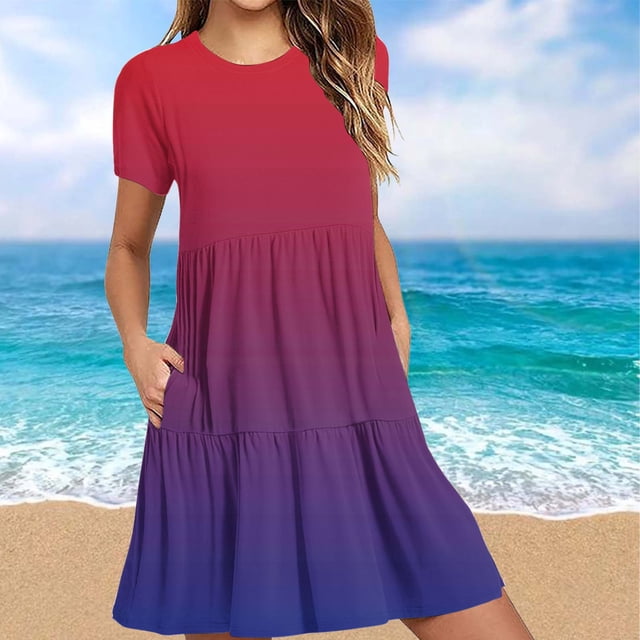 Weiqiqre Robes de Travail pour Femmes, Robe T-Shirt d'Été Décontractée à Manches Courtes pour Femmes, Robes Mini à Étages avec Poches
