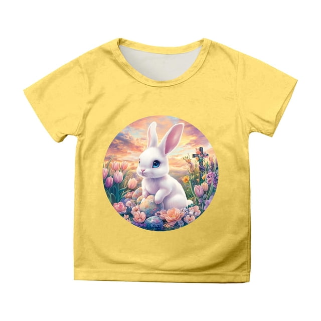 Chandails pour Garçons, Manches Courtes, Chandail de Pâques, Mignon Lapin Imprimé, Hauts d'Été, T-Shirts à Col Rond, T-Shirts pour Filles 6-8 Ans