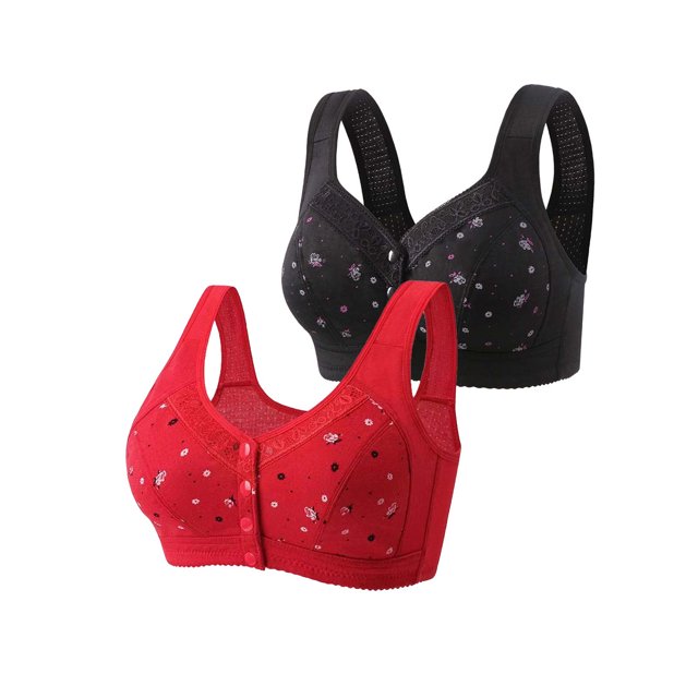 Bigersell Bra for Seniors Front Closure 2pcs Full Coverage Bra Style R-90 Breathable Padded Bras Pack R-90-red