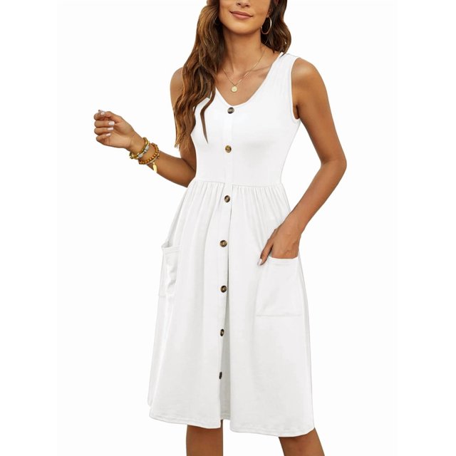 Robes d'Été pour Femmes Sans Manches Décontractées Amples Évasées à Boutons Robe Midi avec Poches Blanc m
