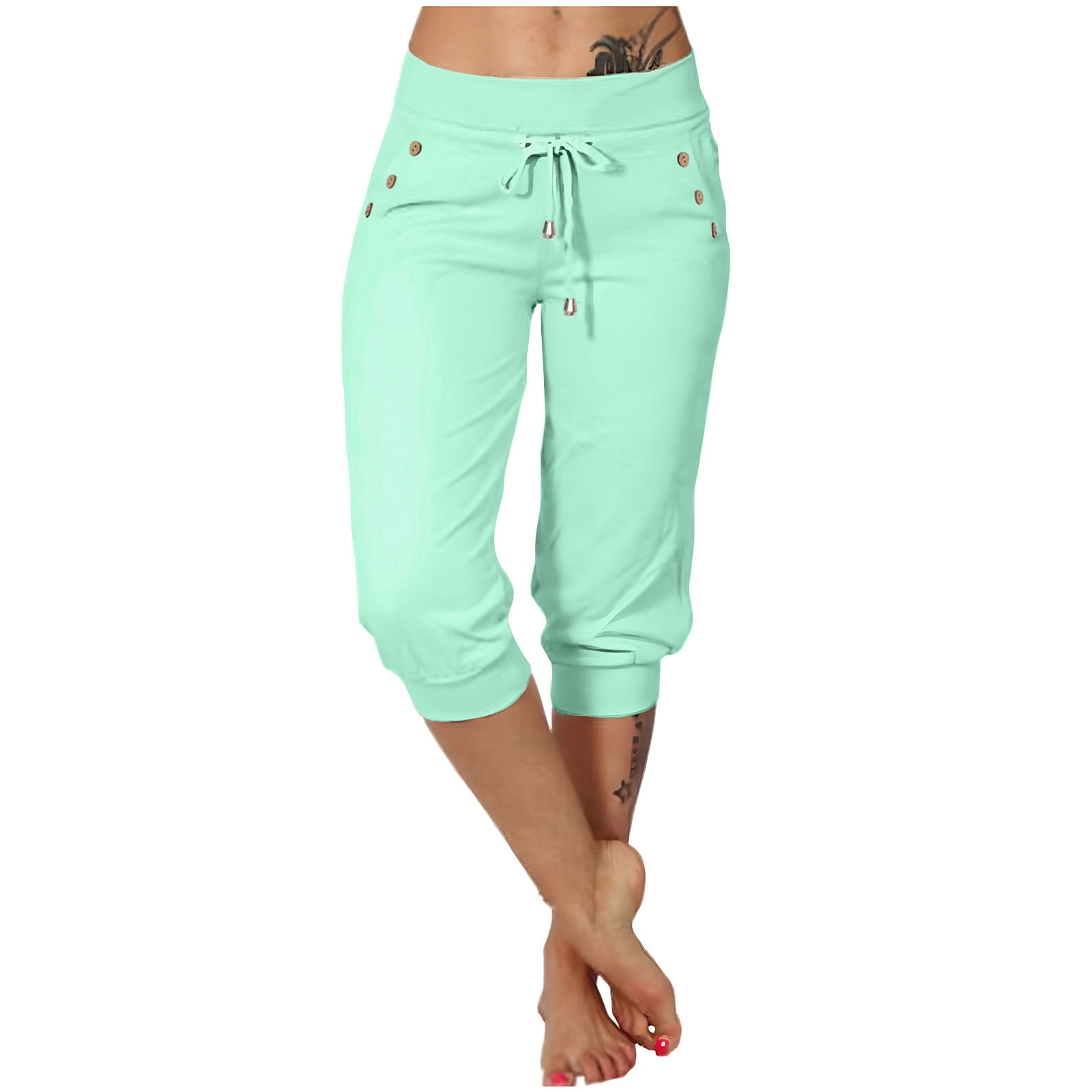 Timegard Womens Yoga Pants Drawstring High Waist Workout Cropped Pants Athletic Capri Pants with Pockets