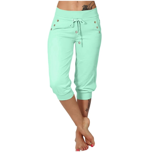 Timegard Womens Yoga Pants Drawstring High Waist Workout Cropped Pants Athletic Capri Pants with Pockets