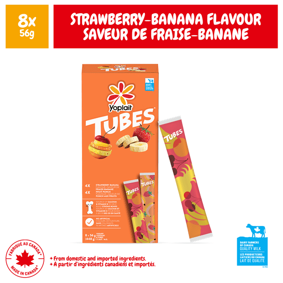 Yoplait Tubes Yogurt Strawberry-Banana Fruit Punch Flavour, Kids Snack, 8x56g