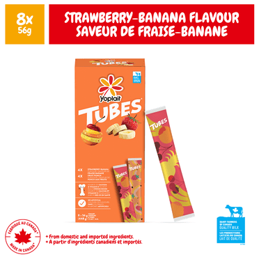 Yoplait Tubes Yogourt Fraise-Banane Saveur De Punch Aux Fruits, Collations pour enfants, 8x56g