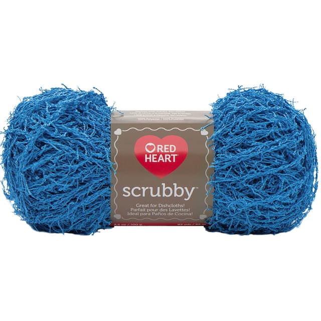 Red Heart® Scrubby™ Yarn, medium #4 textured blue polyester yarn in a 3.5oz/100g, 92-yard ball, designed for knit or crochet dishcloths and washcloths that clean pots efficiently and dry quickly, also suitable for exfoliating washcloths.
