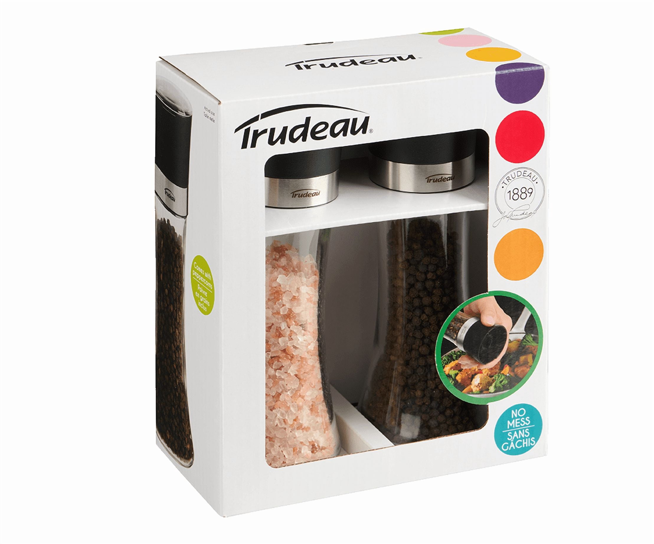 Trudeau Salt & Pepper Grinders Ostrava 7" - Pre-filled with Pepper & Pink Himalayan Salt, Corrosion-Resistant Ceramic Grinders, 2 Mills