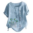 thumbnail image 2 of TopLLC Chemises Mexicaines pour Femmes Hauts Brodés Traditionnels Tunique Décontractée à Fleurs pour Femmes Col Rond Manches Courtes Chemises en Lin, 2 of 5