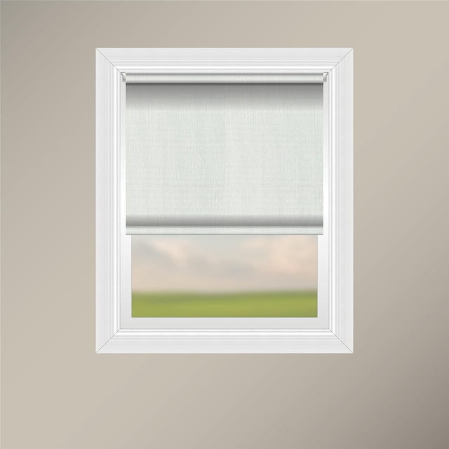 Off Cut Shades Chainless Woven Roller Shade in a white window frame, featuring translucent 100% polyester open weave fabric with a plain hem and weighted insert, mounted on a sturdy white aluminum headrail, filtering natural light while providing privacy, ideal for any room in a modern home.