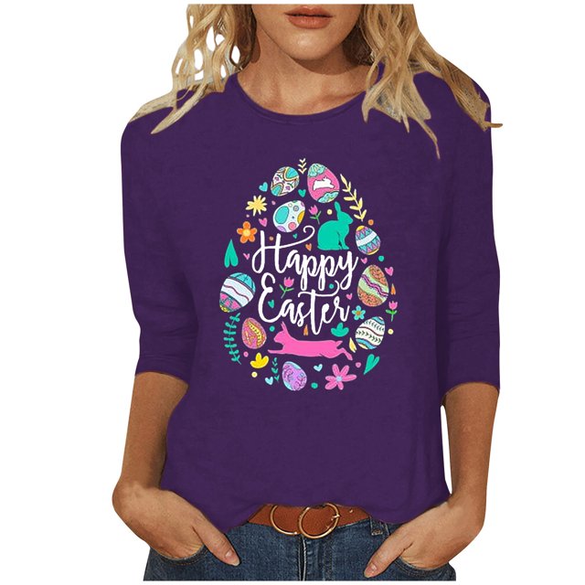 RKSTN Hauts Grande Taille pour Femmes Ufs de Pâques Mignons Imprimés Lapin Coupe Ample Col Rond Manches 3/4 Printemps Été Blouse Douce