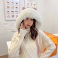 thumbnail image 4 of CNKOO Bonnet Patchwork à Franges Tricoté Oreilles de Chat Blanc Bord Moelleux pour Filles Automne Hiver, 4 of 10