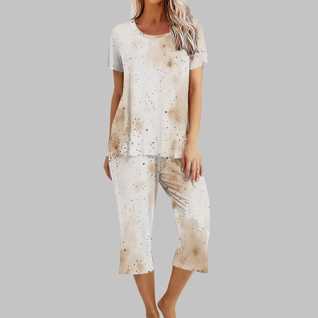 Liquidation Aujourd'hui Iumwxz Pyjamas Décontractés Fluides Ensembles Femmes Tenues d'Été Teinture sur Nœuds Graphique Col Rond Manches Courtes Taille Élastique Pantalons Courts Ensembles pour Femmes Vacances