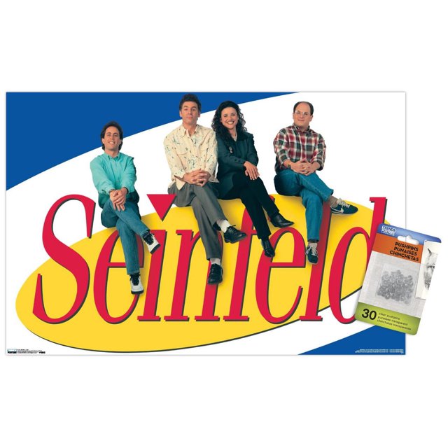 Seinfeld - Logo Wall Poster, 22.375" x 34" featuring four seated figures atop the large red Seinfeld logo with a yellow oval background on a white and blue backdrop, printed on glossy paper suitable for framing and wall decoration in home or office.