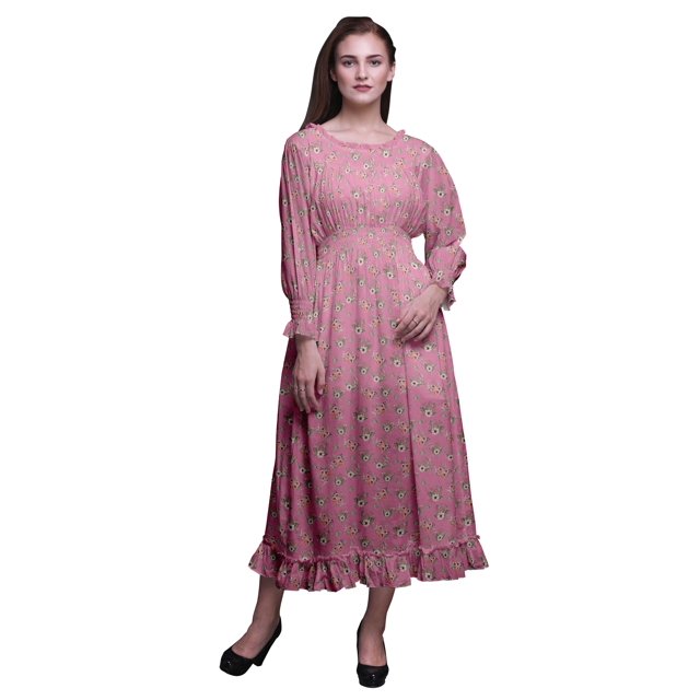 Bimba Floral Ladies Bishop Sleeve Round Neck Ruffle Maxi Smocked WaistDress-Medium