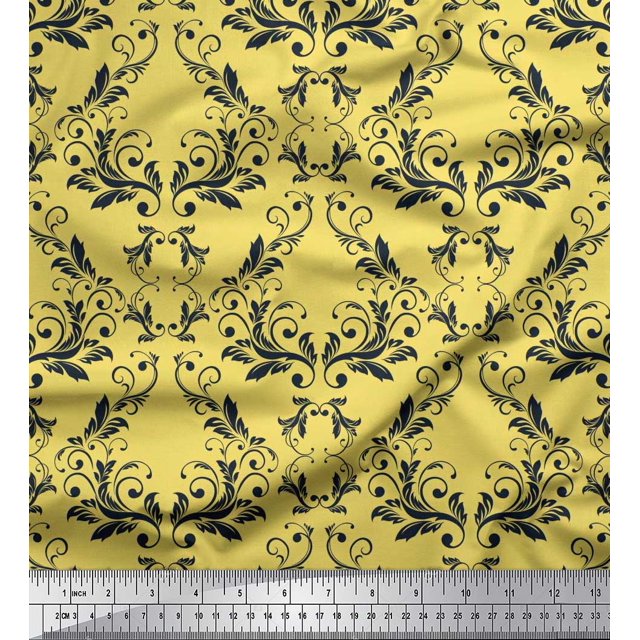 Soimoi Yellow polyester Crepe Fabric Filigree Damask Decor Fabric Printed Yard 42 Inch Wide