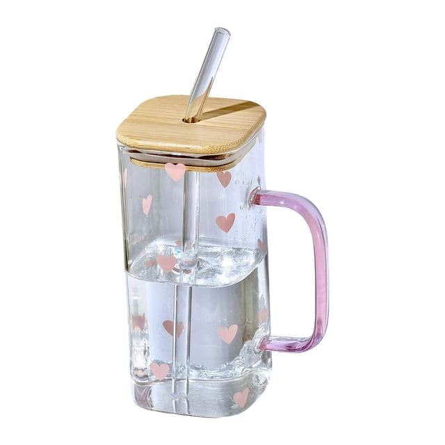 Heat Glass Drinking Cup with Lid and Straw 400ML Capacity Ideal for Iced Coffee Juice Milk and Various Cold Beverages Modern Handle Design for Home Bar Travel or Camping Use