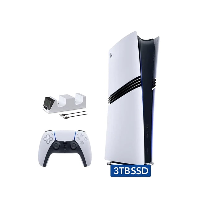PlayStation 5 Pro Console Édition Numérique 3 to Améliorée en Blanc, Associée à une Manette Sans Fil et à une Station de Recharge de Manette Mytrix. Les Fonctionnalités Incluent un Lancer de Rayons Avancé, une Compatibilité TV 4K, un Stockage SSD Ultra-Haute Vitesse et une Prise en Charge d'Un Jouabilité jusqu'à 120 Ips. Inclut la Salle de Jeux d'Astro Préinstallée et la Technologie HDR pour des Visuels Vibrants.
