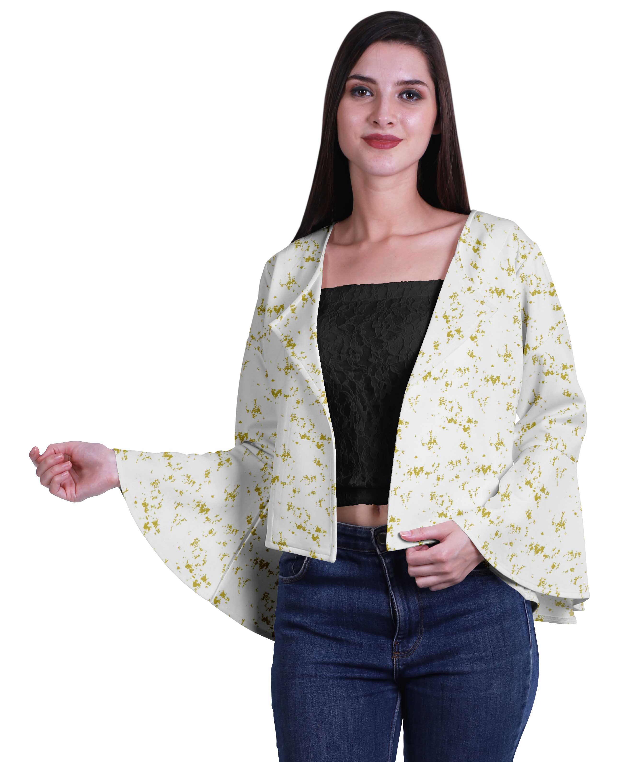 Moomaya Open Front Printed Full Bell Sleeve Short Summer Shrug Cardigan For Women
