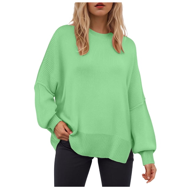 WUANDIXFA Chandails pour Femmes Mignons Chandails pour Femmes à Manches Longues Fente Latérale Col Rond Chandails Molletonnés à Enfiler Hauts de Mode pour Femmes Vêtements Corset Vêtements d'Extérieur Vert, TG
