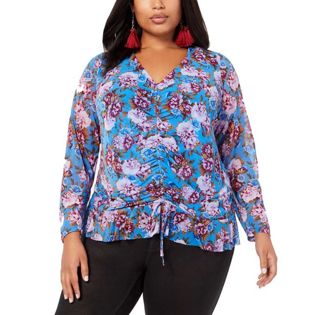 INC International Concepts Chandail à Enfiler Froncé à Imprimé Floral pour Femmes Grande Taille, Bleu Marine, 2X Plus