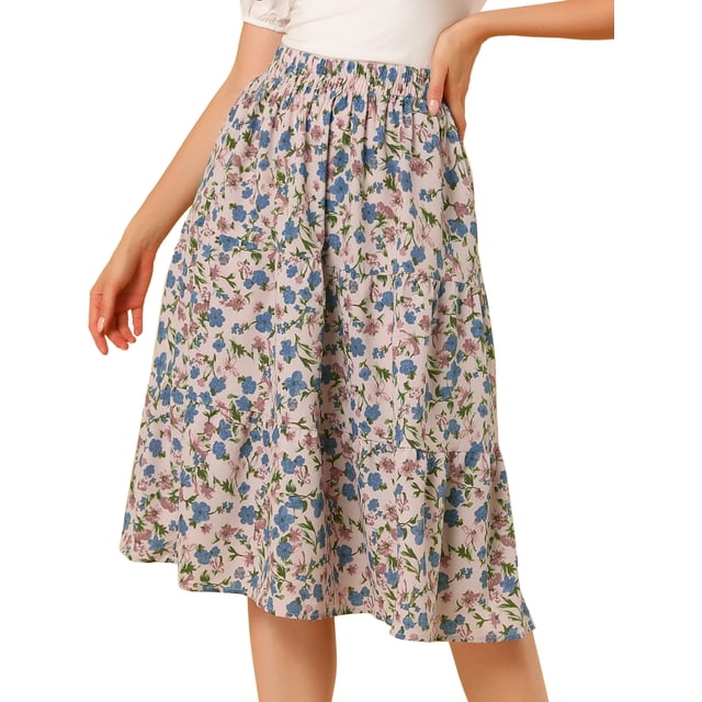 Unique Bargains Jupe Midi Décontractée à Imprimé Floral Évasée pour Femme