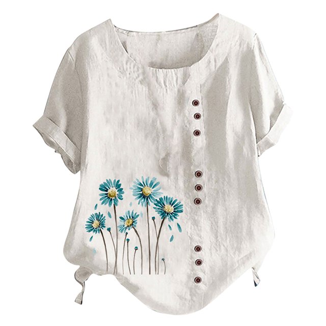 Chemises à Manches Courtes pour Femmes Chemises d'Été Décontractées à Col Rond Manches Courtes Imprimé Floral Chemise Ample Hauts à Manches Courtes pour Femmes Hauts à Manches Courtes pour Femmes Chemises à Manches Courtes pour Femmes