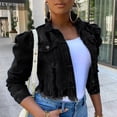 thumbnail image 2 of CEHVOM Veste en Denim pour Femmes, Courte, à Revers, Effilochée, à Boutons, à Manches Bouffantes, Coupe Ajustée, 2 of 6