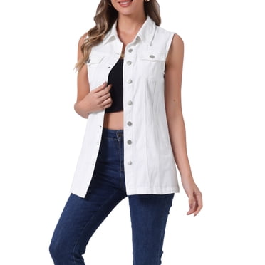 INSPIRE CHIC Gilet en Denim pour Femme Sans Manches à Boutons Mi-Long Gilet en Jean Décontracté Blanc TP