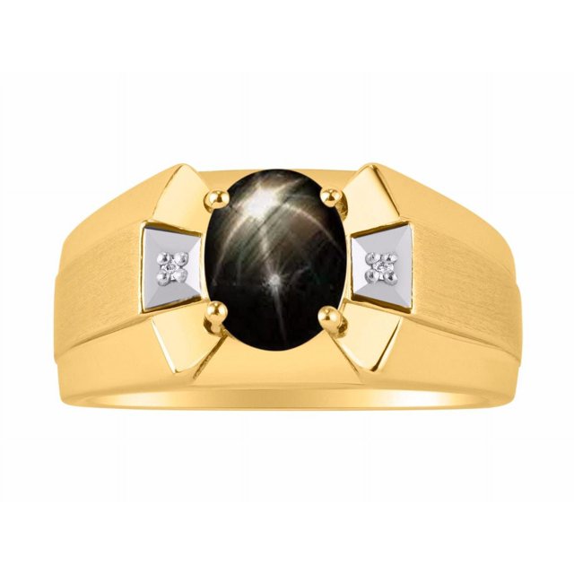 RYLOS Men's Rings 14K Yellow Gold Rings Classic Designer 9X7MM Gemstone & Diamond Ring Black Star Sapphire March Birthstone Ring Size 9
