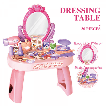 Kids Vanity Table Set with Mirror Toddler Makeup Accessories Pretend Play Toys for Girls Christmas Birthday Gifts