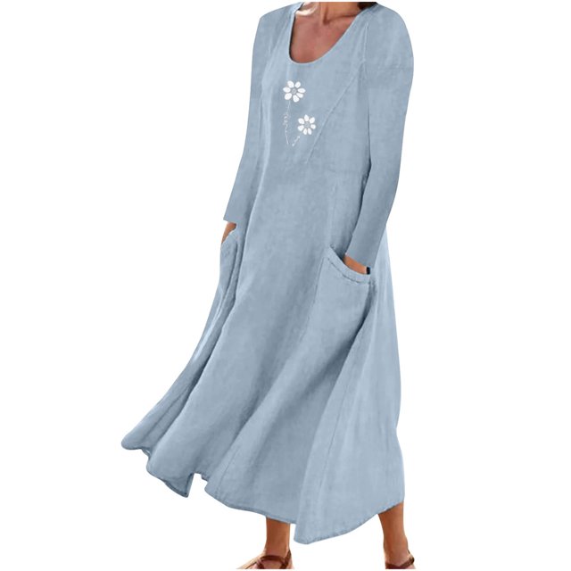 Pisexur Robe d'Automne pour Femme 2023 Robe en Coton et Lin à Manches Longues, Ligne A et Évasée, Maxi Longue