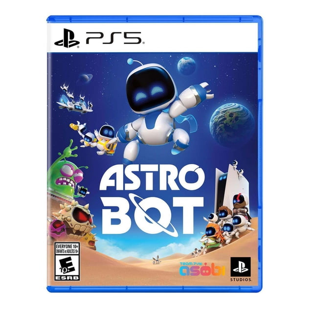 ASTRO BOT™ (PlayStation 5) game cover showing a white and blue robot floating in space with smaller robot companions, planets in the starry background, and a sandy desert below, featuring the PS5 logo and ESRB Everyone 10+ rating, suitable for PS5 players seeking immersive platform gaming.