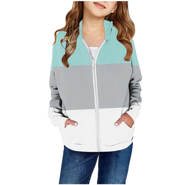 MEZZALL Girls Spring Color Block Print Patch Pocket Zipper Sweatshirt Hooded Cardigan Jacket Stylish Toddler Dailywear, Grey, 5-6 Years