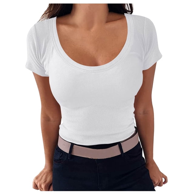 Timegard Hauts de Sortie pour Femmes Col Rond Confortables Coupe Ajustée Manches Courtes Couleur Unie Hauts Décontractés